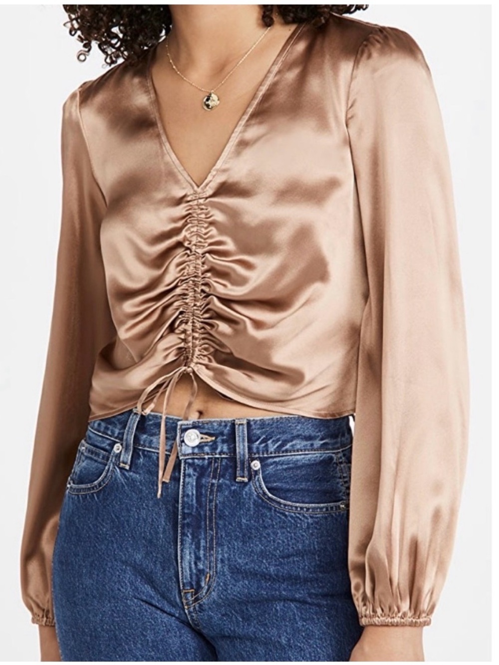 Reformation 100% Silk Ruched V-Neck Blouse in Buff